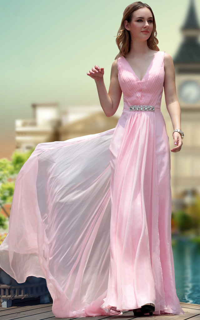  A-line V-neck Sleeveless Ruching Sweep/Brush Train Pink Chiffon Prom Dress 