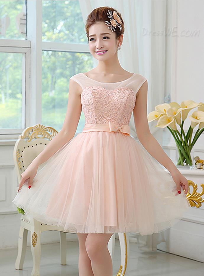 First-Class Scoop Neck Lace Bowknot Short Bridesmaid Dress 